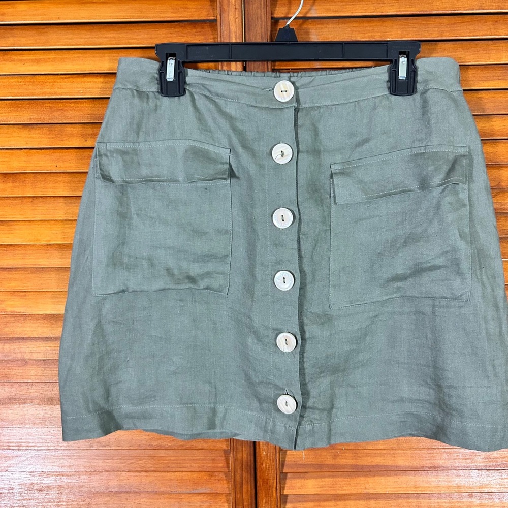 Saks Fifth Avenue Linen Button Front Mini Skirt‎ Sage Green Olive Utility Large